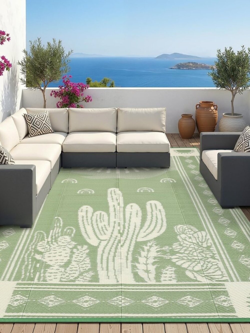 Reversible Cactus Outdoor Rug 8x10 for Patio, Waterproof Outdoor Area Rug
